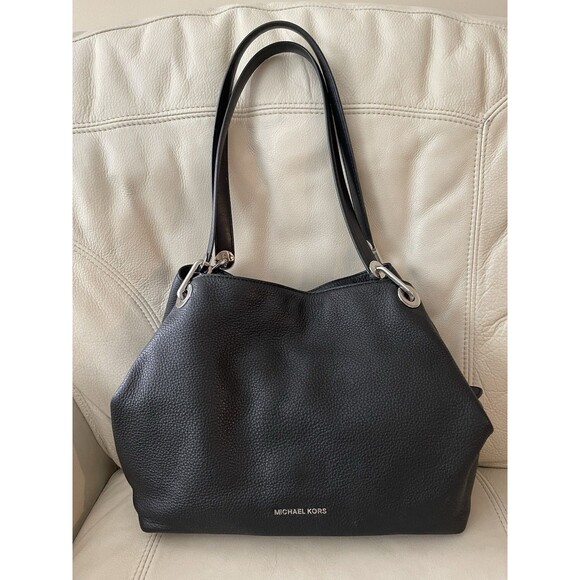 Michael Kors Raven Pebbled Leather Silver Hardware Shoulder Bag Large Black - Picture 1 of 16